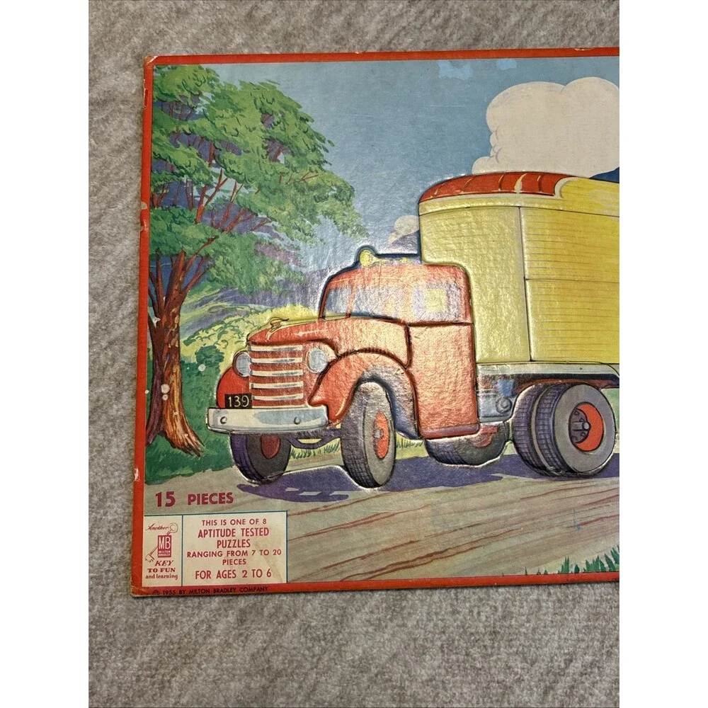 Vintage 1955 Milton Bradley Aptitude Tested Semi-Truck Frame Tray Puzzle
